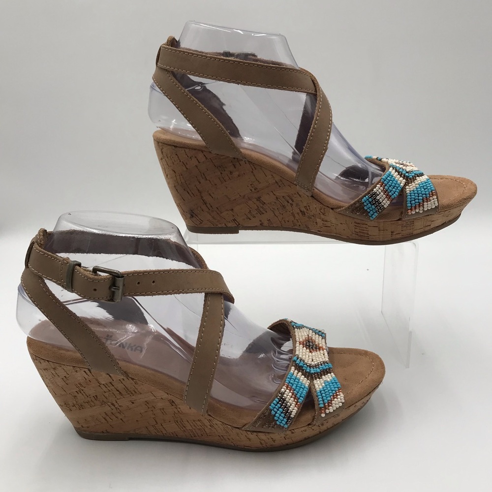 Women’s Minnetonka Beaded Tan Cork Wedge Sandals